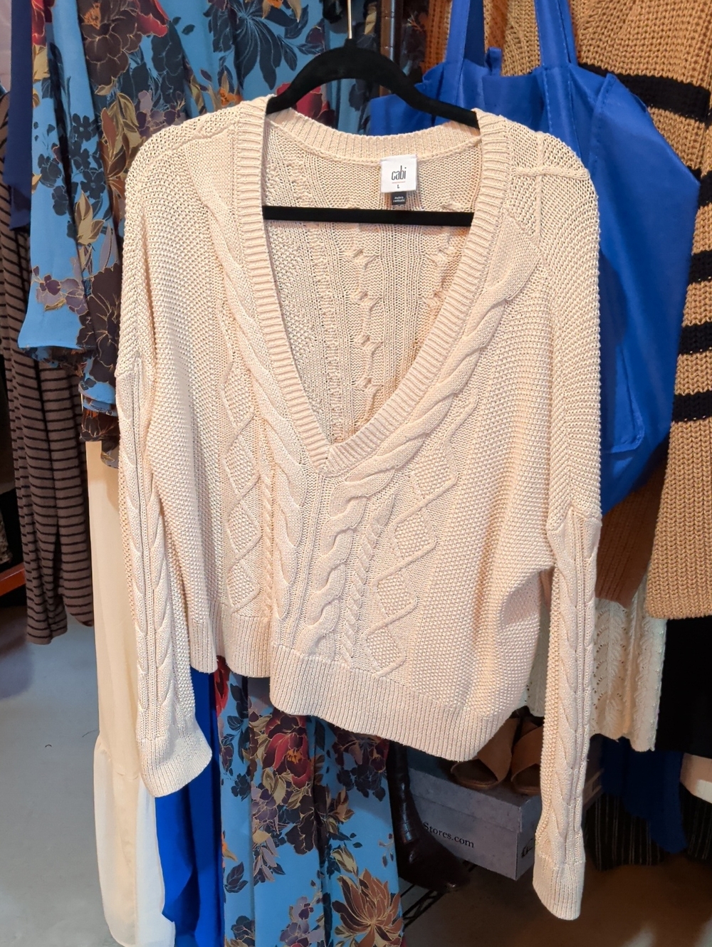 CAbi Cream Cable-Knit V-Neck Sweater